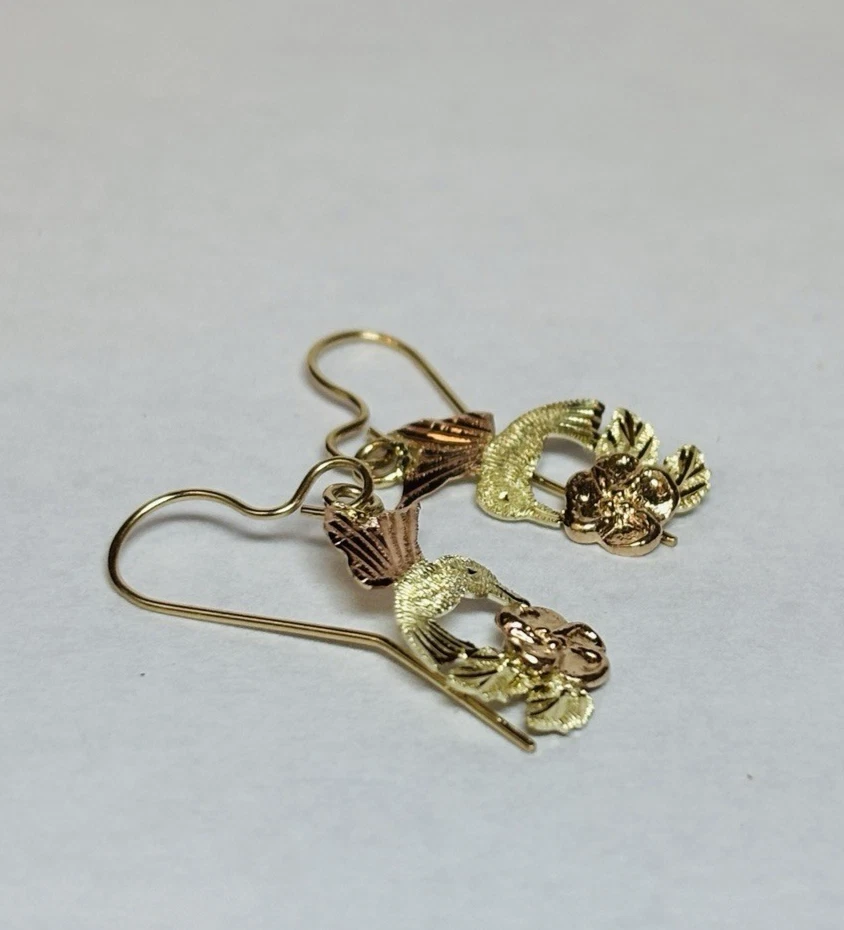 10k Yellow & Rose Gold Hummingbird Heart Dangle Earrings - Image 4 of 4