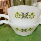 Set of 2 Vintage Anchor Hocking Fire King Green Meadow Soup Bowl With Handle USA
