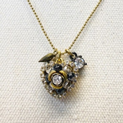 Betsey Johnson Heart Charm Necklace Rhinestones Gold-Tone Ball Chain Signed