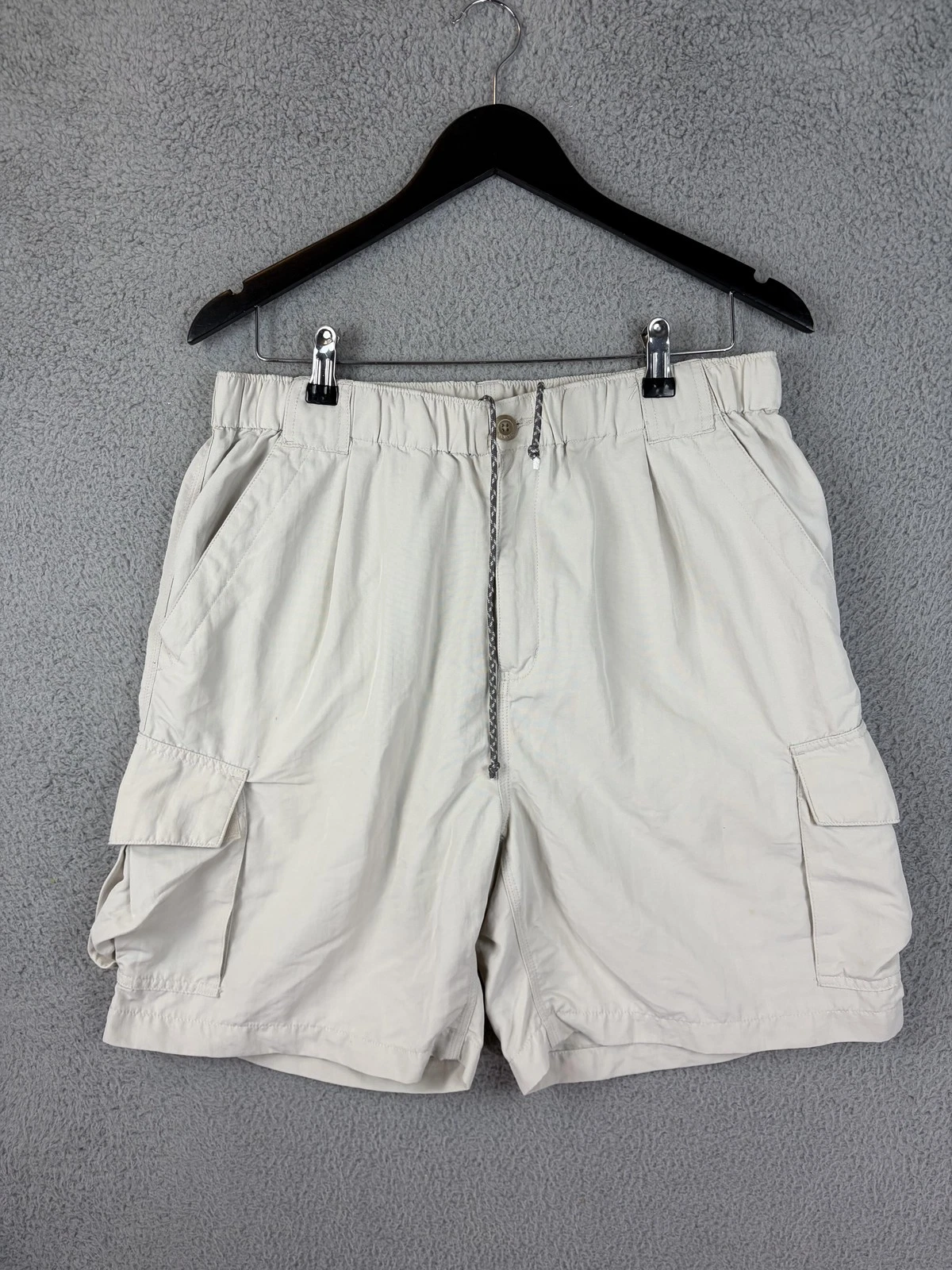 Simms Cargo Shorts Mens Large Beige Nylon Elastic Waist 7 Inseam Fishing Outdoor