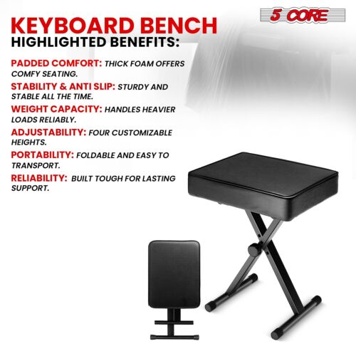 5Core Piano Keyboard Bench Padded Stool Seat Chair X-Style Adjustable Height - Picture 9 of 35