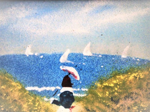 VTG Enamel On Copper Artwork - Seascape/ Dunes/ Sailboats/ Girl/ Signed Lucey - Picture 2 of 12