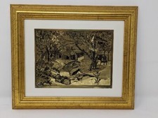 Vtg Lionel Barrymore 'Shoreside Farm' Gold Foil Etching Matted Framed Art 