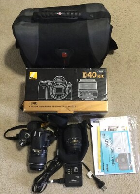 Nikon D40 DSLR Camera w/ AF Nikkor 18-55mm & 55-200mm Lens Case 