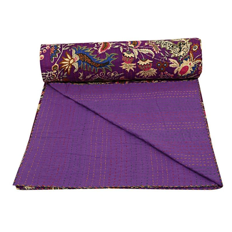 Colcha Handamde Púrpura Cobertor Tradicional Kantha Edredón Boho Foto 3 de 4