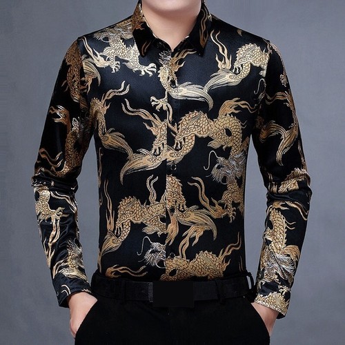 Men Velvet Shirt Chinese Gold Dragon 