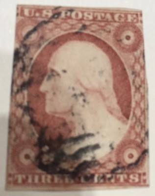 US stamp Scott #10   1851-57 3¢ George Washington, orange-brown, imperforate