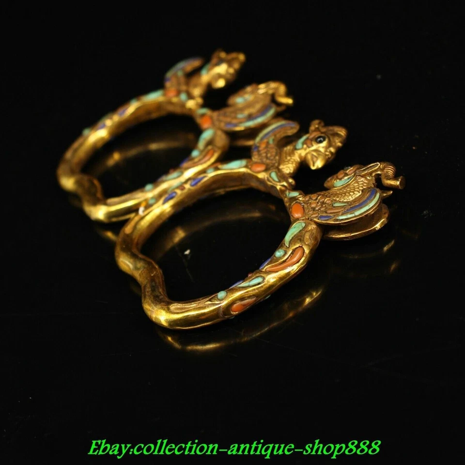 China Bronze Gilt inlay Turquoise Phoenix Noble People Bracelet Hand chain Pair - Image 4 of 4