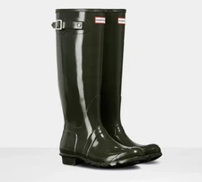 NEW Hunter Boots Women's Original Tall Gloss Rain Boots - Dark Olive - FREE SHIP