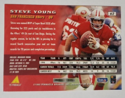 1995 Pinnacle #62 Steve Young HOF-QB San Francisco 49ers ***40