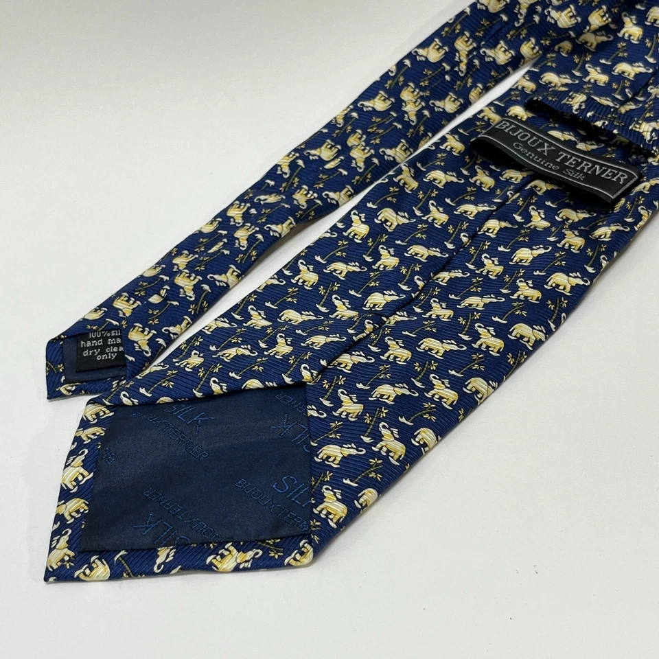 Corbata para el cuello Bijoux Terner para hombre - 100 % seda hecha a mano azul dorado elefantes amarillos Foto 3 de 4