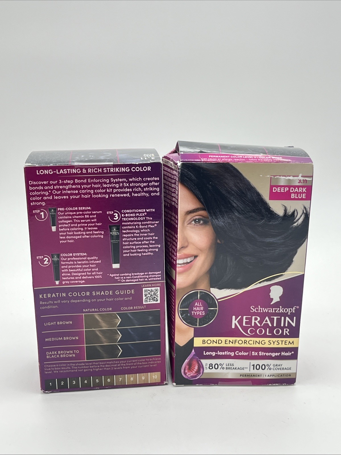 2 pack Schwarzkopf Keratin Color Permanent Hair Color Cream, 3.11 Deep Dark Blue