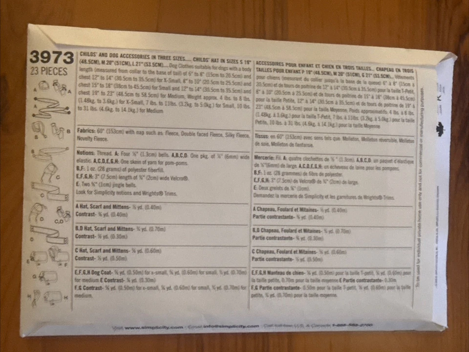 Simplicity Pattern 3973 Child & Dog Accessories 3 Sz Hat Scarf Mittens Dog Coat - Image 2 of 2