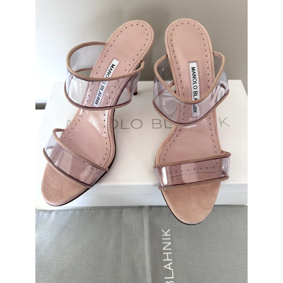 $1369 Manolo Blahnik Heels Sandals Nude Clear ECO PVC Open Toe Suede Sz 37 New - Image 2 of 4