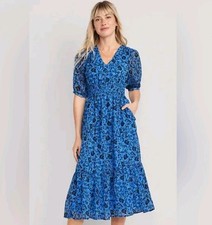 Old Navy blue floral smocked waist vneck midi dress Xs  boho cottage