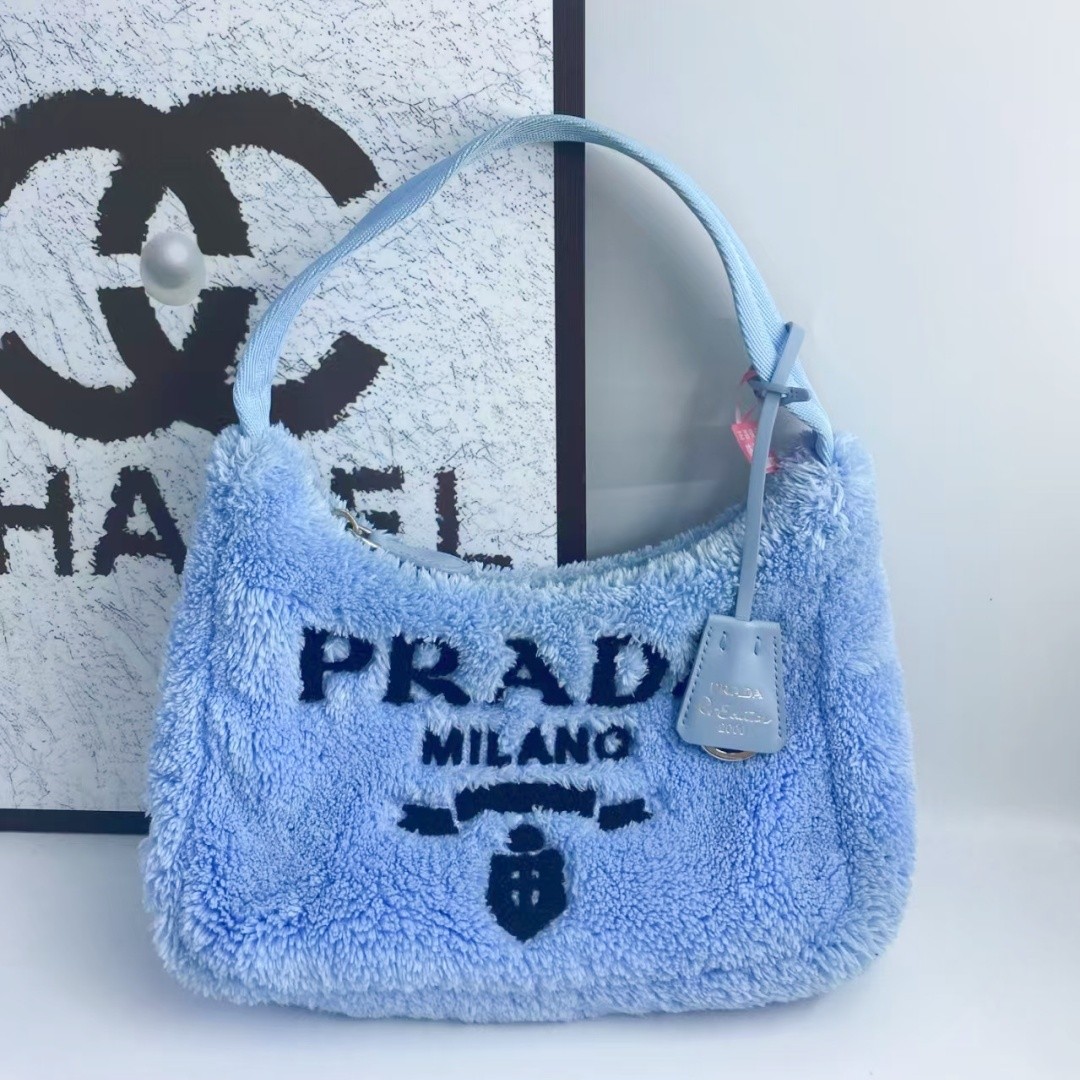 Prada Re Edition 2000 Mini Bag Light Blue Terry Fabric Black Embroidery Logo
