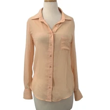 American Rag Cie Women's Roll Tab Sleeve Button Down Blouse Peach Hi-Low Size S