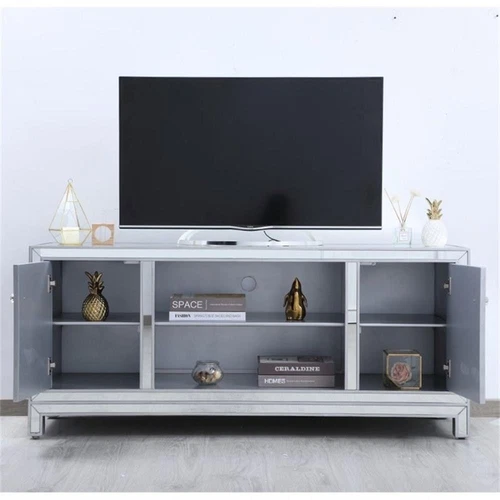 Elegant Decor Modern 60" Mirrored TV Stand in Distressed Antique Silver - Picture 8 of 10