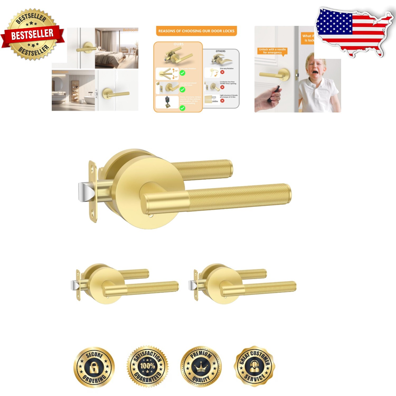 Knurled Privacy Door Handles - 3-Pack Brass & Zinc Gold Levers, Easy DIY Install-image