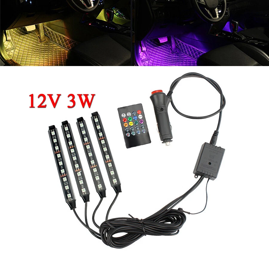 12V 3W RGB LED Light Bar Car Interior Floor Decor Atmosphere Strip Lamp w/Remote - Picture 1 of 11
