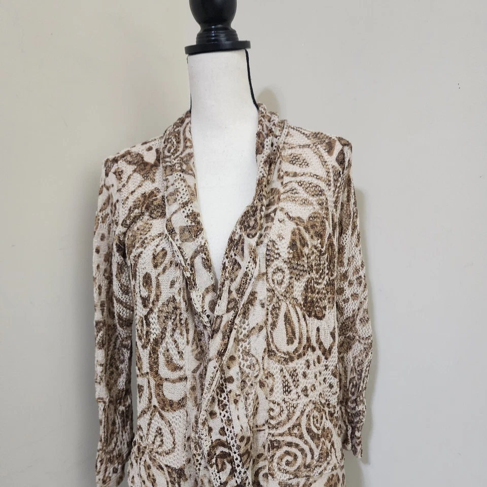 Cárdigan ALBERTO MAKALI Tejido Floral Frente Abierto Crochet Plumero Lino‎ XL Tostado Foto 4 de 4