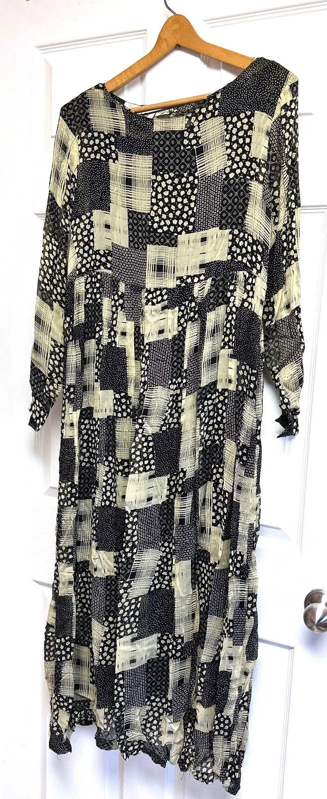 OFF WHITE Abito vintage anni 90 Santa Fe rayon garza stropicciato nero bianco sporco patchwork MEDIA