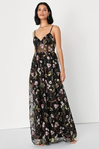Lulus Radiant Fantasy Black Floral Embroidered Tulle Maxi Dress L NWT Dark Fairy - Picture 3 of 20