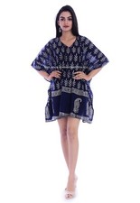 Anokhi, Abito Maxi In Cotone Con Stampa A Blocchi Blu Indigo, Caftano Hippy Boho