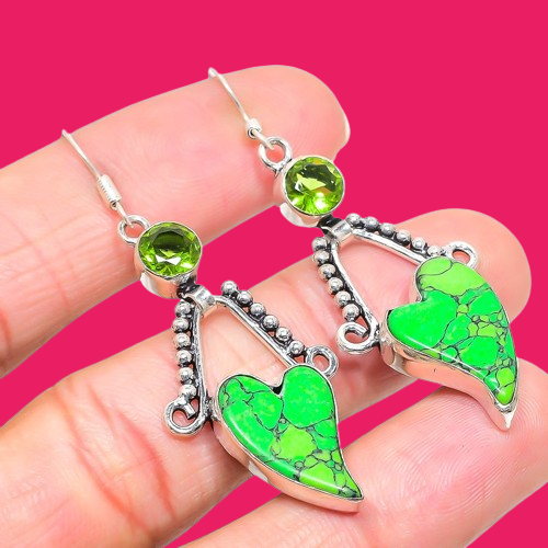 Green Turquoise, Peridot Gemstone 925 Sterling Silver Earring 2.44" s057 - Picture 2 of 8