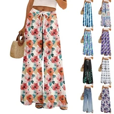 Women's Beach Palazzo Pants Lounge Wide Leg Loose Comfy Pull On Casual Trousers