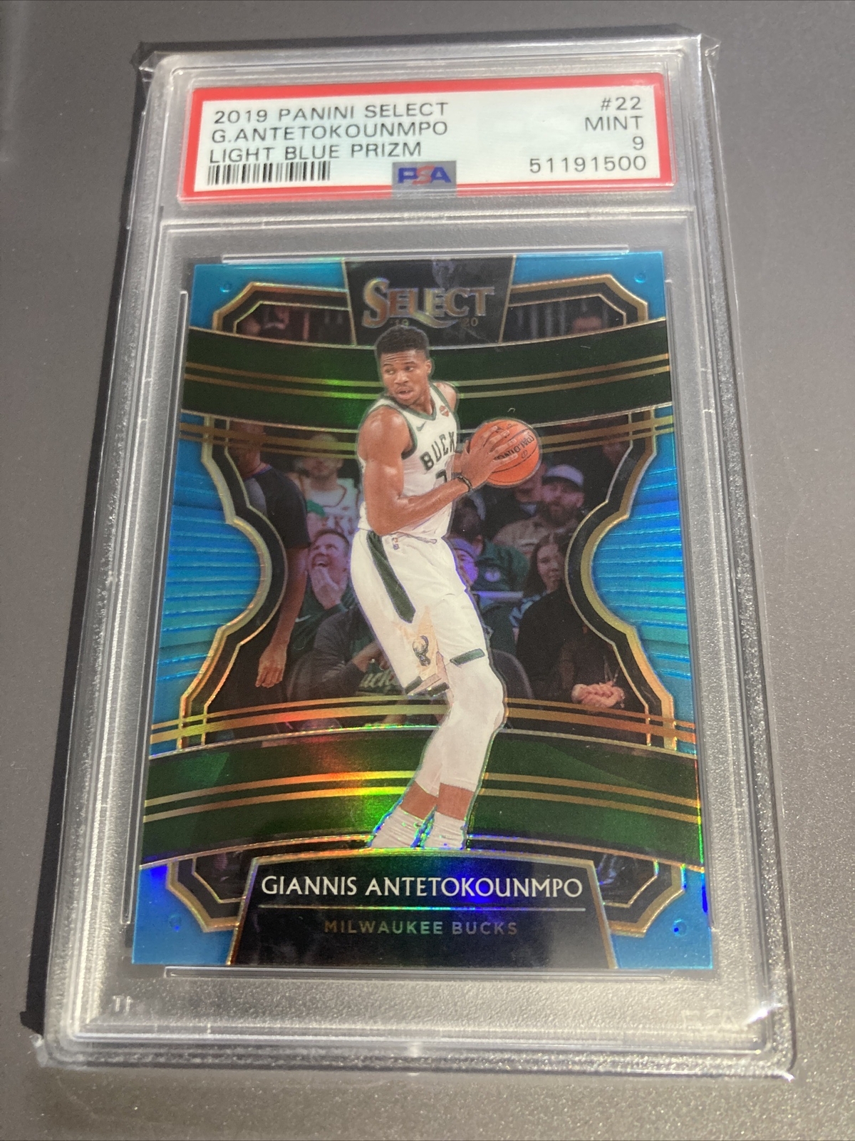 2019-2020 Panini Select Giannis Antetokounmpo #22 Light Blue /299 PSA 9