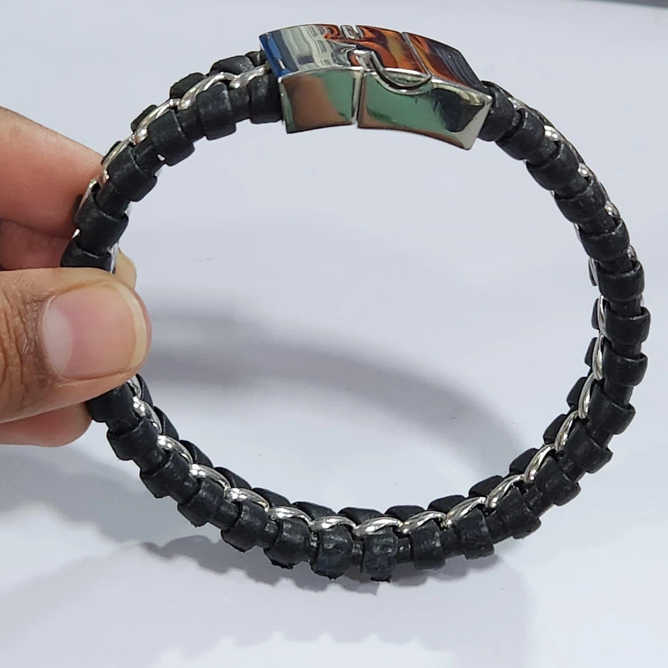 HSN Men's Stainless Steel Link and Woven Black Leather Bracelet - Image 4 of 4