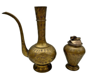 Antique Brass Table Lighter And Vase SET Etched Traditional Style