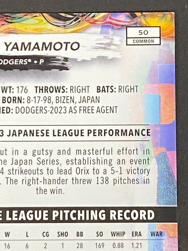 YOSHINOBU YAMAMOTO 2024 TOPPS FINEST BLUE REFRACTOR COMMON RC #ED 55/200 - Picture 8 of 10