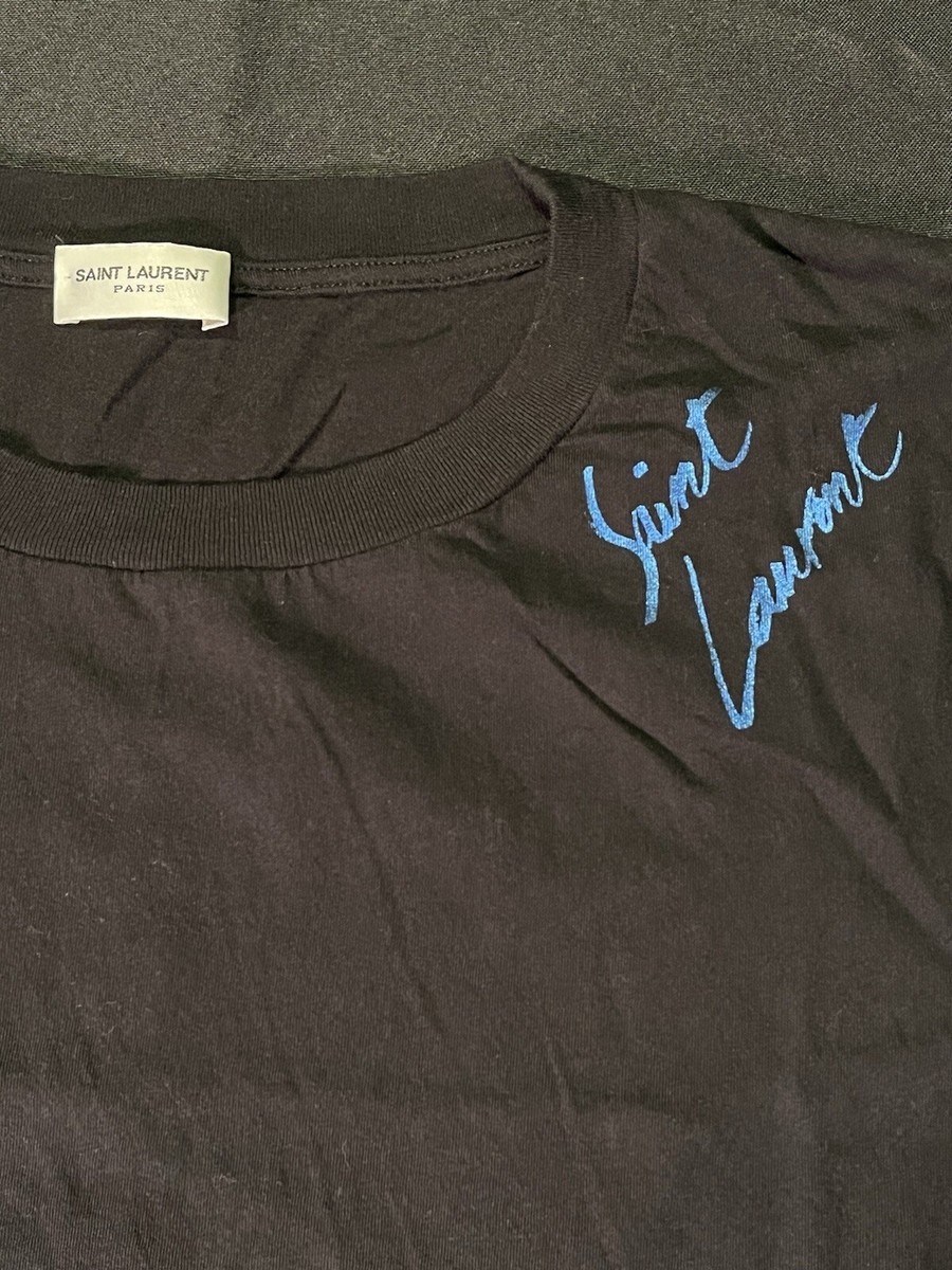 SAINT LAURENT BLACK TSHIRT YVES BLUE METALLIC SCRIPT MEN S SMALL