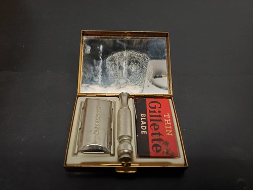Vtg Gillette Golden Razor w Blades Case Mirror Shaving Travel Blades Set Lot - 第 10/13 張圖片