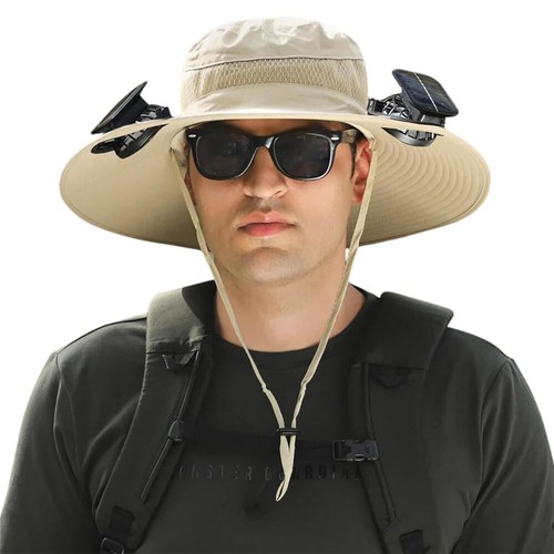 Sombrero para el sol de ala ancha al aire libre con 2 ventiladores solares pesca senderismo camping protección UV - Imagen 12 de 18