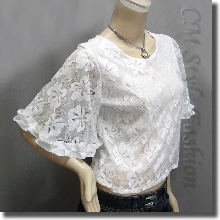 Blusa boho elegante de encaje transparente manga campana blanca S Foto 3 de 4