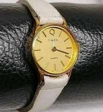 Vintage Women's Timex T Cell Q Watch Gold Tone Dial w/ White Leather Band