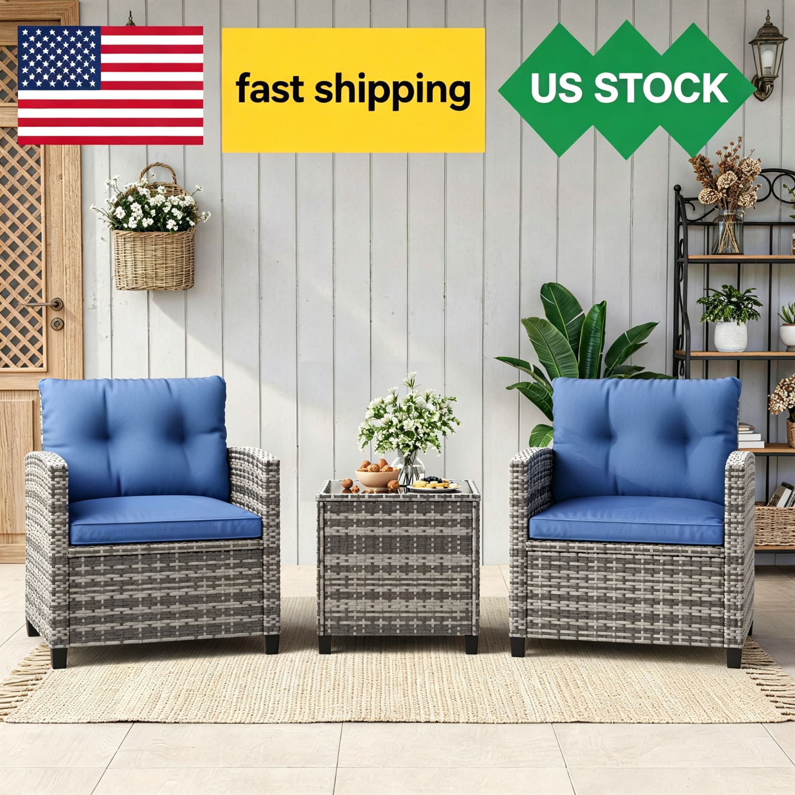 3-3 Piece Wicker Patio Set with Side Table