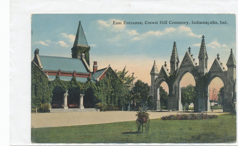 Crown Hill Cemetery INIANAPOLIS, IN postcard w/ WELLINGTON, OH DUPLEX CANCEL