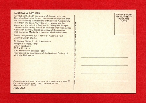1985 AUSTRALIA DAY maximum postcard MUSGRAVE RANGES Sir Sydney Nolan gum nuts - Bild 2 von 2