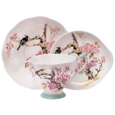 Vintage Bone China Trio Cup Saucer Tea Bag Holder Queen Anne Shangri-La Birds