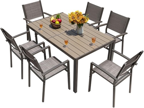 Patio Dining Set 7 Pieces Outdoor Furniture Table and 6 Textilene Chairs, Lig...