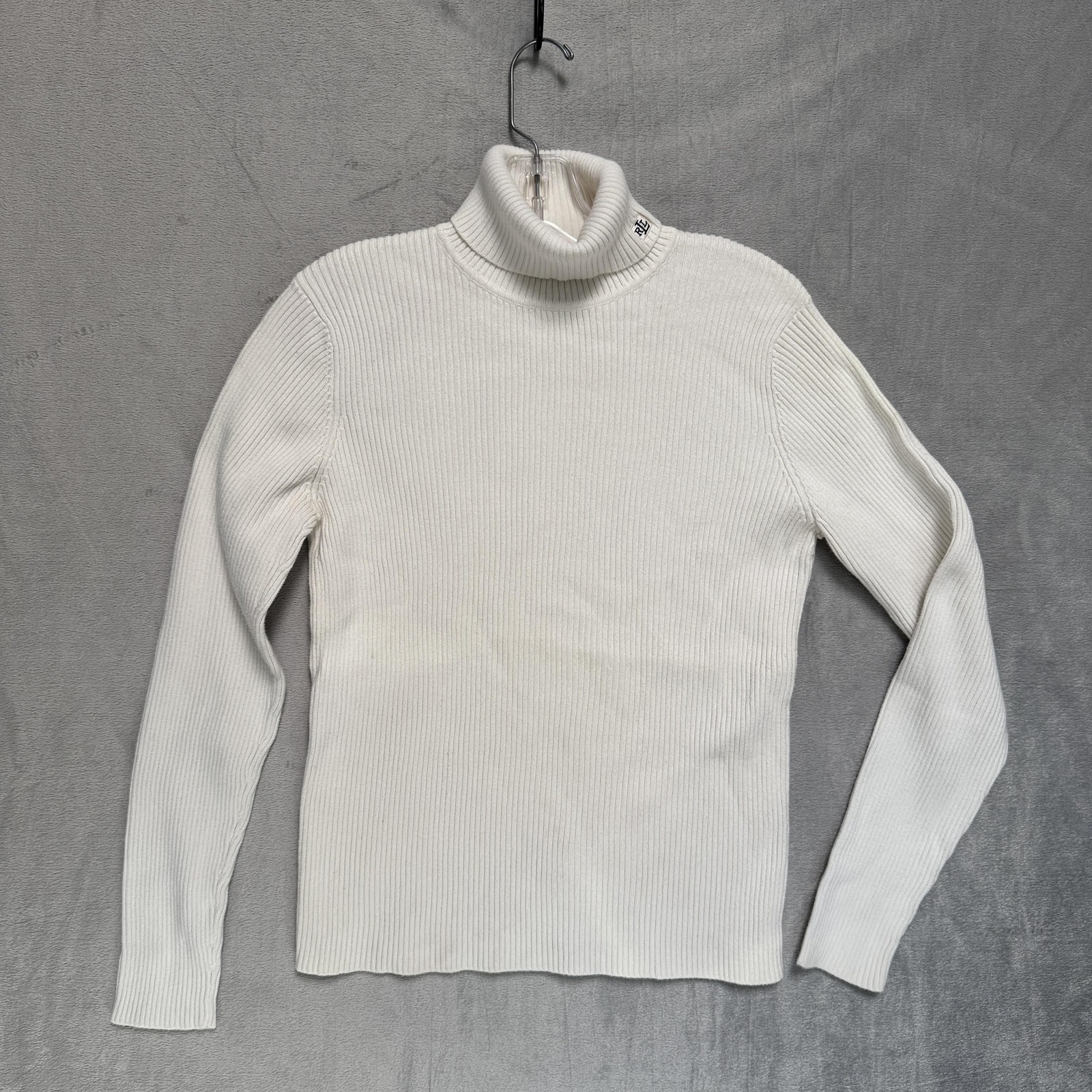 Lauren Ralph Lauren Sweater Womens Medium White Ribbed Turtleneck Knit Logo