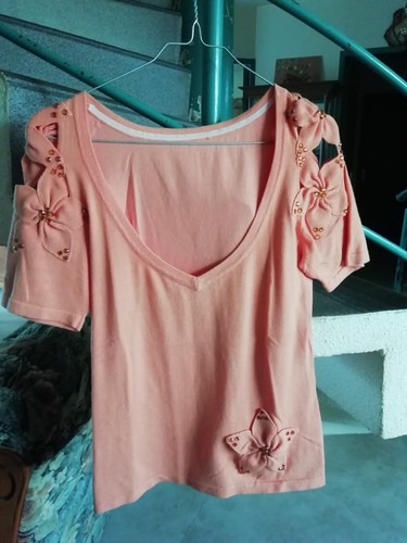T-shirt Femme Orange - Taille 40 (FR) - Col V - Manches Courtes - Viscose/Polyamide - Occasion