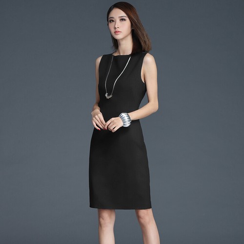 Ladies Pencil Dress Formal Sleeveless Crew Neck Slim Fit Dress Business Black - Picture 3 of 15