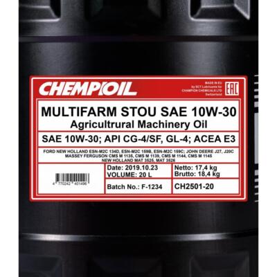 20 Liter CHEMPIOIL CH Multifarm STOU 10W-30 Motoröl API CG-4/SF, GL-4 ACEA E3