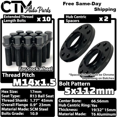 2x 15mm Thick 5x112 66.56mm CB Wheel Spacer Black Bolt Fit Mercedes Stock Wheels