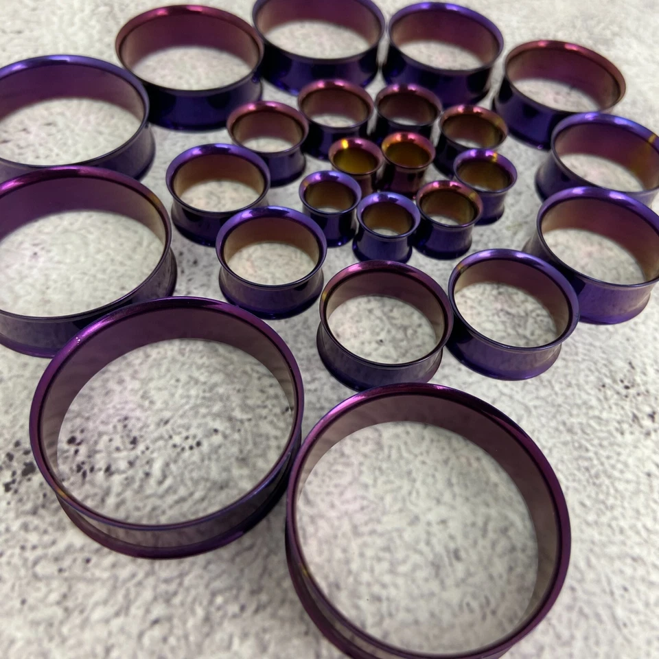 Par de Túneles Doble Acampanada Acero PÚRPURA Juego Medidores Tapones ELIGE EL TAMAÑO Foto 4 de 4